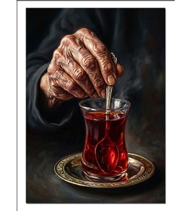 Çay Karıştıran Yaşlı El Ve Bardak Dekoratif Kanvas - Mdf Ahşap Tablo