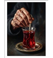 Çay Karıştıran Yaşlı El Ve Bardak Dekoratif Kanvas - Mdf Ahşap Tablo