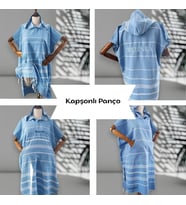 Kişiye Özel Baskılı Kapüşonlu Çocuk Deniz Pançosu – Resim, İsim, Logo ve Yazı ile Tasarlanabilir (Mavi)