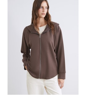 LCW EVERYDAY Kahverengi Kapüşonlu Oversize Kadın Fermuarlı Sweatshirt