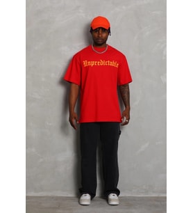 Erkek Baskılı Tişört Kısa Kol Bisiklet Yaka Oversize T-Shirt - Kırmızı