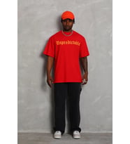 Erkek Baskılı Tişört Kısa Kol Bisiklet Yaka Oversize T-Shirt - Kırmızı
