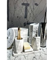 betonmall 6'lı Mermer Desenli Beton Banyo Seti Çöp Kovalı Tuvalet Wc Sıvı Sabunluk Diş Fırçalık Aksesuar TakımI