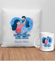 BK Gift Kişiye Özel Anne Tasarımlı Beyaz Kırlent Yastık ve Kupa Seti-6, Anneye Hediye, Anneler Günü Hediyeleri