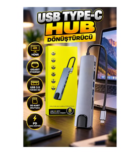 8-in-1 USB-C Çoklu Port Hub – 4K HDMI, Gigabit Ethernet, USB 3.0, SD Kart Okuyucu ve PD Şarj Desteği