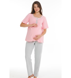 HAMİLE LOHUSA PİJAMA TAKIMI PEMBE-GRİ