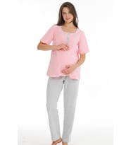 HAMİLE LOHUSA PİJAMA TAKIMI PEMBE-GRİ