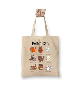 Potter Cats Harry Beyaz Bez Çanta Uzun Saplı Alışveriş Çantası Plaj Çantası