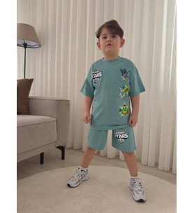 Cg Kids Brawl Stars temalı tshirt ve şort alt üst takım sırt baskı detaylı (Mint Yeşili)