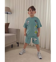 Cg Kids Brawl Stars temalı tshirt ve şort alt üst takım sırt baskı detaylı (Mint Yeşili)