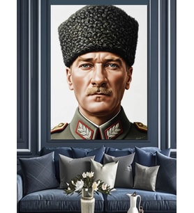 Kalpaklı Atatürk Portre Fotoğrafı Dekoratif Kanvas - Mdf Ahşap Tablo