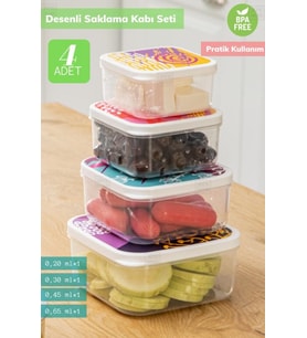 4’lü Desenli Saklabı Kabı Seti Erzak Kabı Buzdolabı Kabı Kare Bpa Free