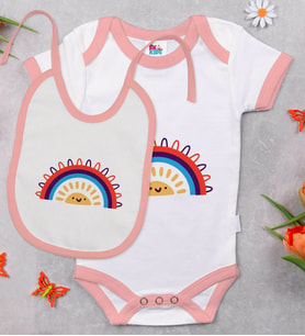 BK Kids Gökkuşağı Tasarımlı Pembe Bebek Body Zıbın ve Mama Önlüğü Hediye Seti-1