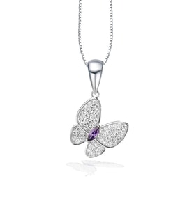 Ametist Taş Işıltılı Kelebek Diamond Butterfly Kadın Gümüş Kolye