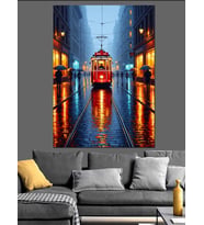 Gece Vakti Kırmızı İstanbul Tramvayı Dekoratif Kanvas - Mdf Ahşap Tablo