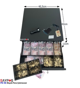 Kolay Açma Buton ve Adaptörlü 5 Geniş Banknot Gözlü ve Anahtarlı Büyük Para Çekmecesi 40,5x42x11cm