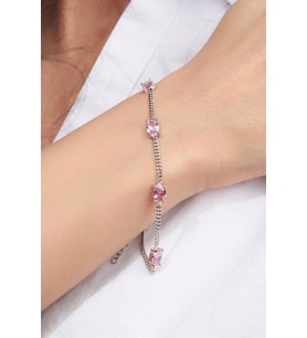 Gümüş Oval Pembe Zirkon Taşlı Gurmet Zincirli Bileklik