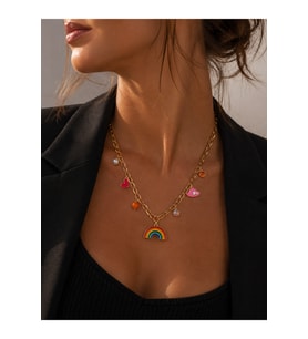 Rainbow Charm Premium Gökkuşağı, Kalp ve Charm Detaylı 316L Çelik Altın Renk Kolye