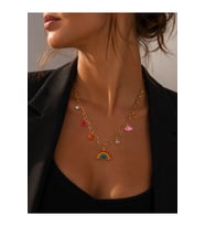 Rainbow Charm Premium Gökkuşağı, Kalp ve Charm Detaylı 316L Çelik Altın Renk Kolye