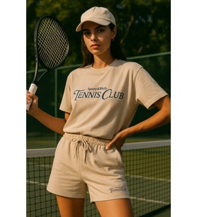 Kadın Sporty Kısa Kollu Bisiklet Yaka Oversize T-shirt ve Şortlu Alt Üst Takım Tenis İkili Takım