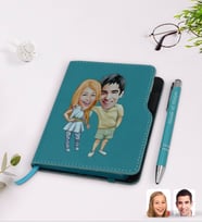 BK Gift Kişiye Özel Sevgililer Karikatürlü Turkuaz Termo Deri Defter Kalem Seti-98