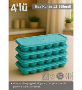 4'lü Set Buz Kalıbı 12 Bölmeli Esnek Silikon Buz Küpü BPA FREE  Bas Parmak Buzluk Çapı 3,5 cm Mavi