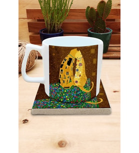 Kediler ve Sanat/Gustav Klimt The Kiss Set 10 - Yelken Fincan KupaTaş Bardak Altlığı 2