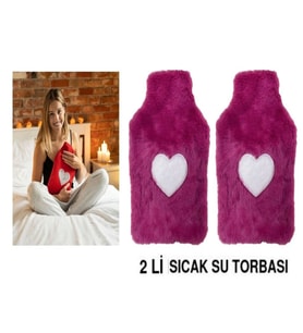 2 ADET SICAK SU TORBASI PELUŞ KALPLİ,KOYU PEMBE TERMOFOR 27X17X2CM 1 LİTRE