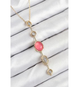 Pirinç Zincir Pembe Gold Renk Zirkon Taşlı Y Kolye