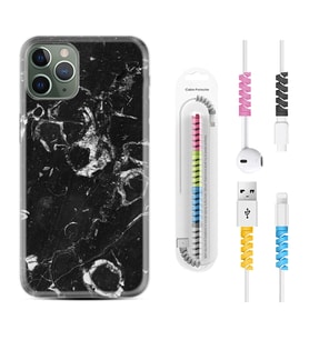 Apple iPhone 11 12 13 14 Pro Max Kılıf Kablo Koruma Spiral Silikon Black Hole Marble 1387