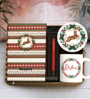 Yılbaşına Kişiye Özel Desenli Defter & Kişiye Özel Tükenmez Kalem & Kişiye Özel Baskılı Kupa & Bardak Altlığı Hediye Seti (Kırmızı)