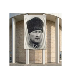 Siyah Beyaz Kalpaklı Atatürk Portresi Poster Bayrak Premium Raşel Kumaş ATA30 2x3m