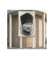 Siyah Beyaz Kalpaklı Atatürk Portresi Poster Bayrak Premium Raşel Kumaş ATA30 2x3m