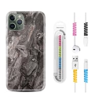 Apple iPhone 11 12 13 14 Pro Max Kılıf Kablo Koruma Spiral Silikon Gri Mermer 1376