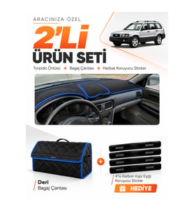 SUBARU FORESTER (2002-2008) Uyumlu Torpido Örtüsü + Deri Bagaj Çantası + Sticker Seti - Siyah Mavi