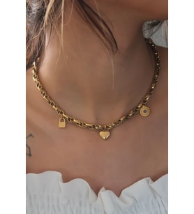 Çelik Gold Renk Kalın Zincir Model Kalp Figür Kadın Kolye - TJ-BKO6898