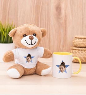 Kişiye Özel Mavi Yıldız Kafa Fotoğraflı Peluş Ayı ve Sarı Kupa