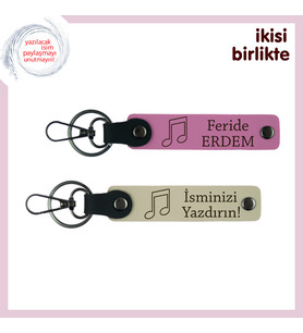 Koro Anılarına Yakışır Sade Hatıra, Nota Motifli Deri Anahtarlık Set, İsim Yazılı, Pembe-Sütlü Kahve