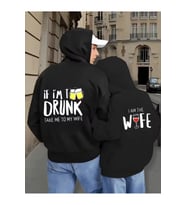 Sevgili Çift Kombin Drunk&Wife Baskılı Renk Kapüşonlu Sweatshirt 2li Set Takım 3 İplik Pamuk (Siyah)