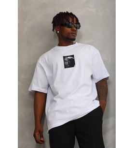 Unisex Oversize Baskılı Bisiklet Yaka T-Shirt - Beyaz