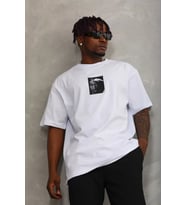 Unisex Oversize Baskılı Bisiklet Yaka T-Shirt - Beyaz