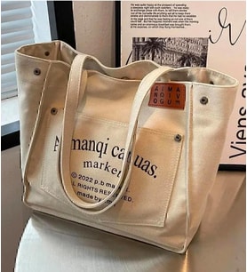 Canuas Bej Organik Kanvas Kumaş Tote Cepli Büyük Omuz Çantası