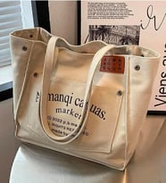 Canuas Bej Organik Kanvas Kumaş Tote Cepli Büyük Omuz Çantası