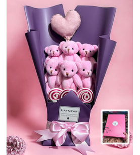 Pembe Ayıcık Buketi Kalp Yastık