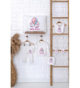 Pia Baby Premium %100 Pamuk İsme Özel Kız Bebek Hediye Seti Zıbın Yastık Kılıfı 5046-06 (Ekru)