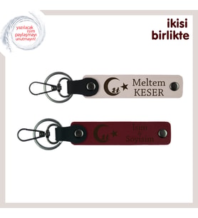 Çocuk Ve Ayyıldız Temalı Eşe Özel İsim Yazılabilir Anahtarlık Takımı Anlamlı Hediye, Pudra-Bordo