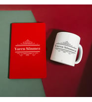 Kişiye Özel İsimli Taç Tasarım Kırmızı Ajanda ve Beyaz Kupa Bardak