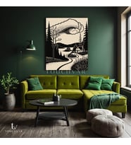 Dikey Kanvas Tablo Orman Evi Manzara Tablosu Ev Ofis Duvar Dekoru