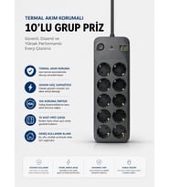 Termal Akım Korumalı Usb Type-c Girişli 10'lu Grup Priz 2500w Güç Kapasitesi (kopya)