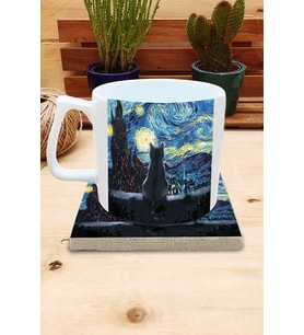 Kediler ve Sanat/Van Gogh Yıldızlı Gece The Starry Night Set 10 - Yelken Fincan Kupa-Taş Bardak Altlığı 1